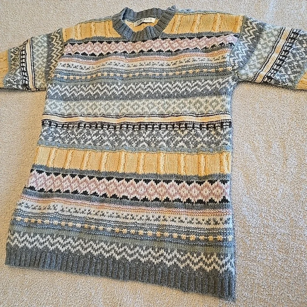 CHAUS Sport Womens S 100% Lambswool Pink Gray Yellow Stripe‎ Pullover Sweater